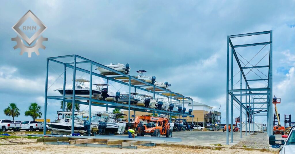 Elevated marina boat racks storing multiple boats safely at a Gulf Coast marina