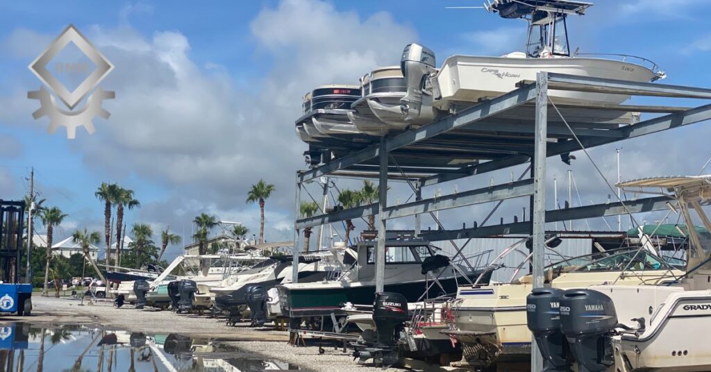 Puck lock cage securing equipment next to marine boat racks at a Gulf Coast marina