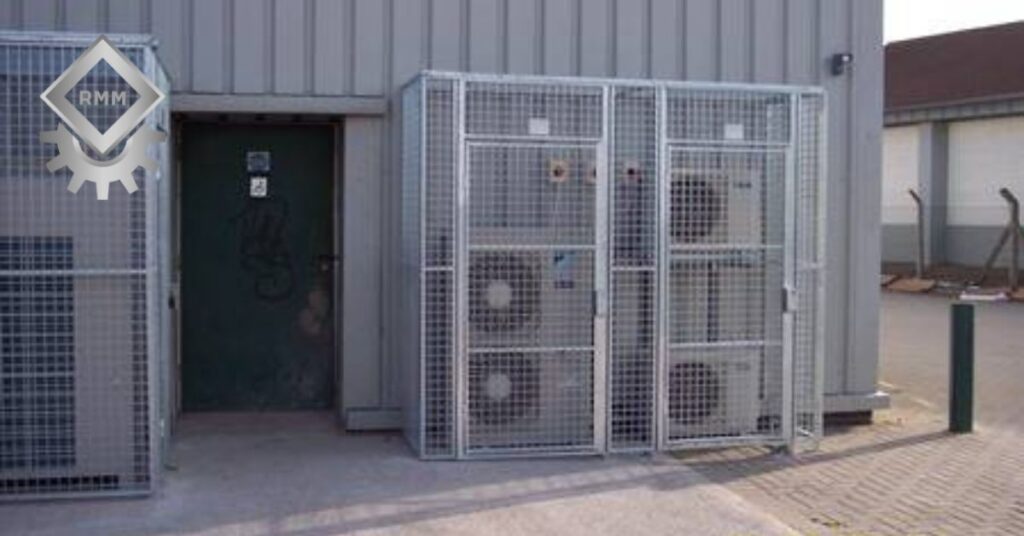 Puck lock protective cage securing electrical and utility equipment at a Gulf Coast marina
