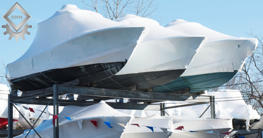 Boat stored on a heavy-duty marine rack at a marina