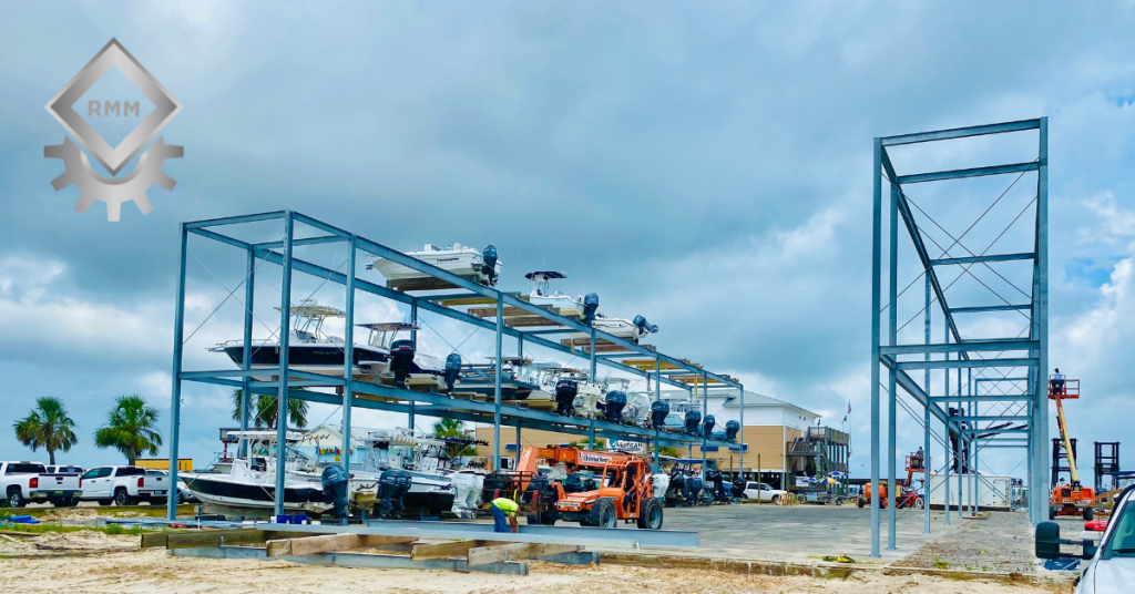 Dry stack boat storage system in Florida marina showing vertical racks with boats